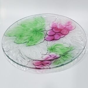 12 3/4" Frosty Purple Grapes 🍇 Green Leaves Thick Glass Vintage Platter by KIG